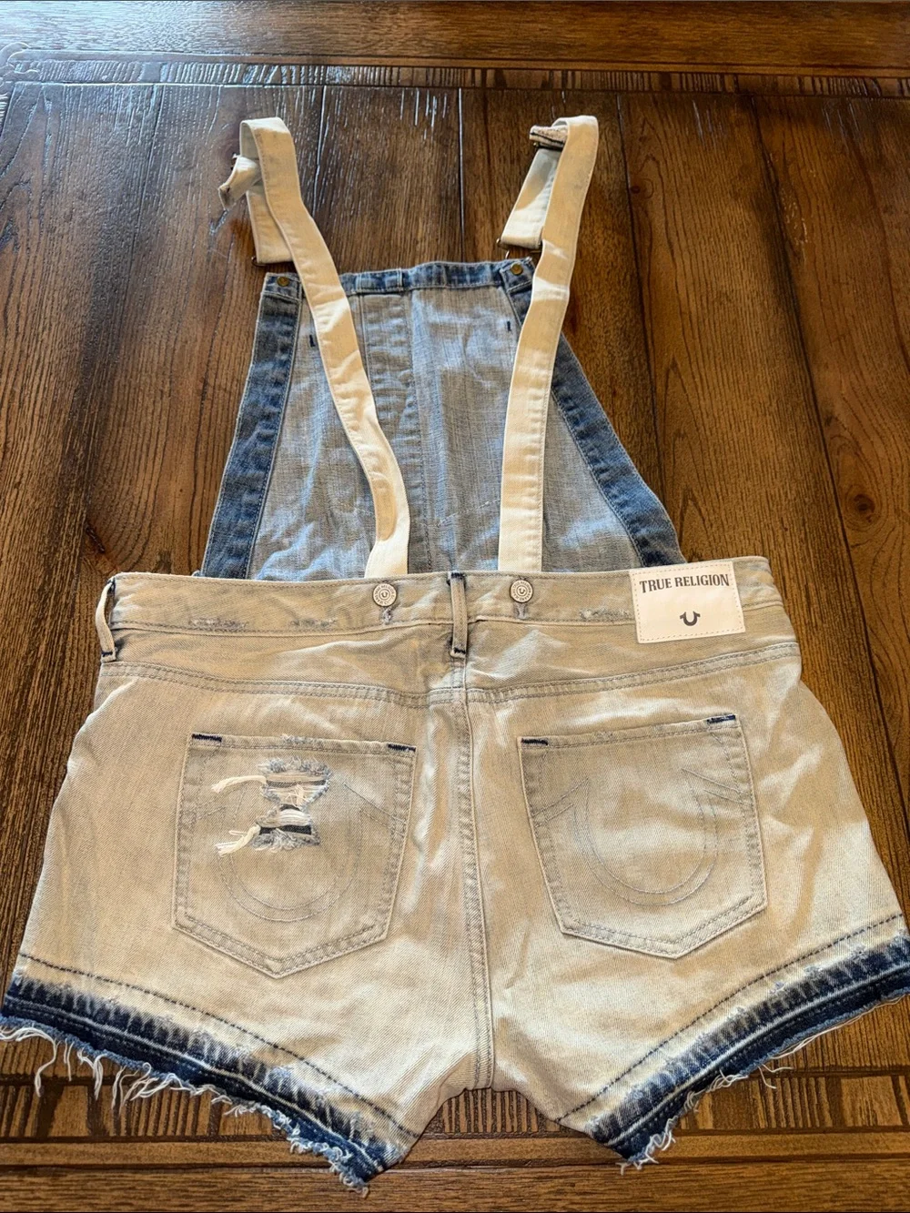 True Religion Two-Tone White Beige and Dark Blue Denim Short Overalls